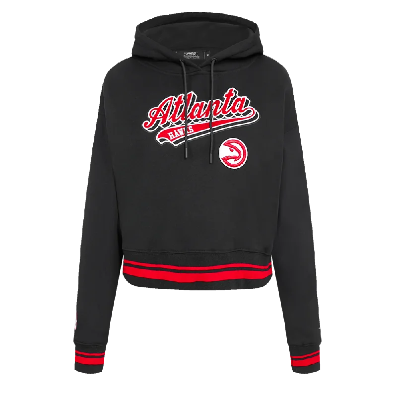 NBA ATLANTA HAWKS SCRIPT TAIL WOMEN'S RIB FLC CROPPED PO HOODIE (BLACK/RED/BLACK)