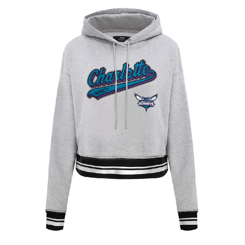 NBA CHARLOTTE HORNETS SCRIPT TAIL WOMEN'S RIB FLC CROPPED PO HOODIE (HEATHER GRAY/BLACK)