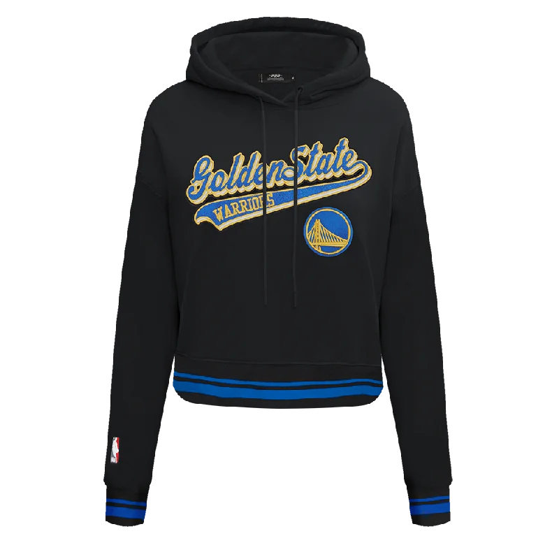 NBA GOLDEN STATE WARRIORS SCRIPT TAIL WOMEN'S RIB FLC CROPPED PO HOODIE (BLACK/ROYAL BLUE/BLACK)