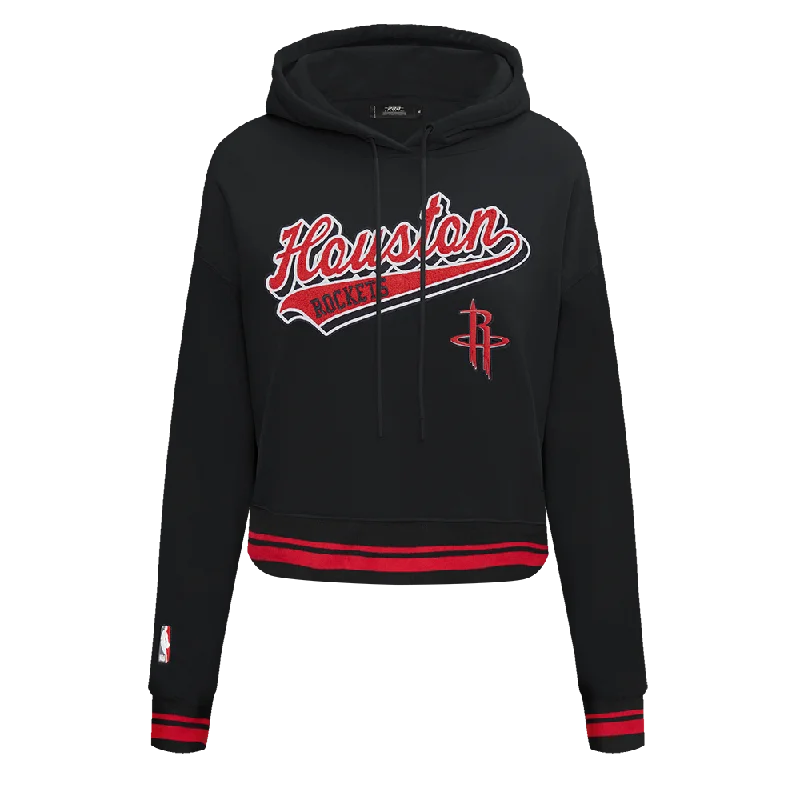 NBA HOUSTON ROCKETS SCRIPT TAIL WOMEN'S RIB FLC CROPPED PO HOODIE (BLACK/RED/BLACK)