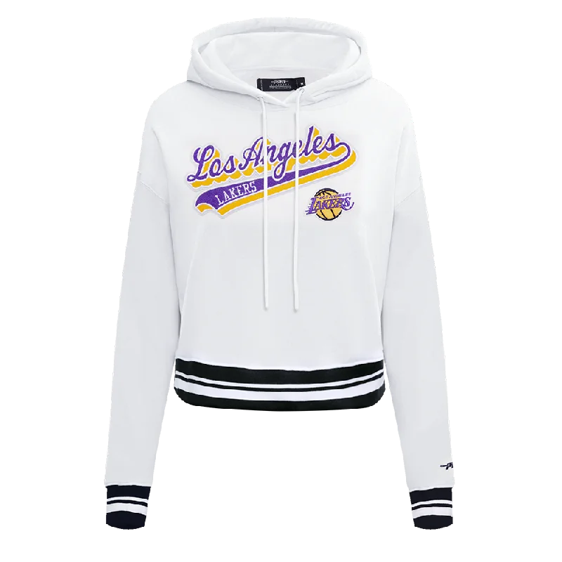 NBA LOS ANGELES LAKERS SCRIPT TAIL WOMEN'S RIB FLC CROPPED PO HOODIE (WHITE/BLACK)