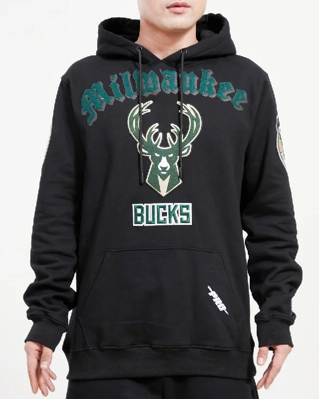 NBA MILWAUKEE BUCKS OLD ENGLISH LOGO MEN'S PO HOODIE (BLACK)