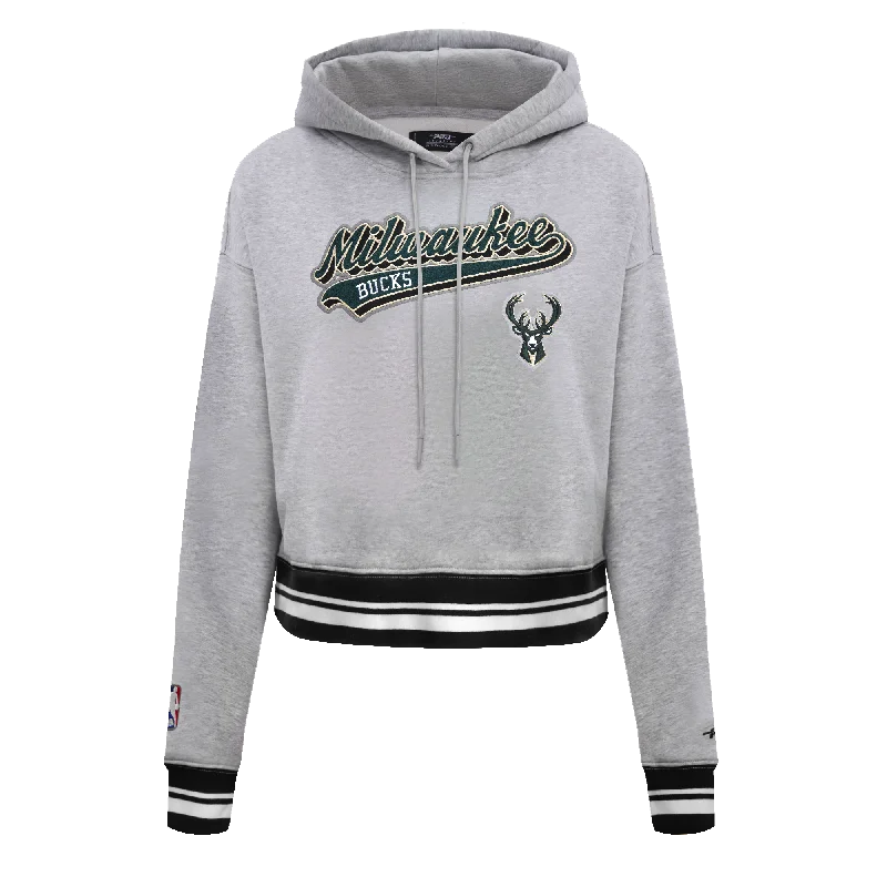 NBA MILWAUKEE BUCKS SCRIPT TAIL WOMEN'S RIB FLC CROPPED PO HOODIE (HEATHER GRAY/BLACK)