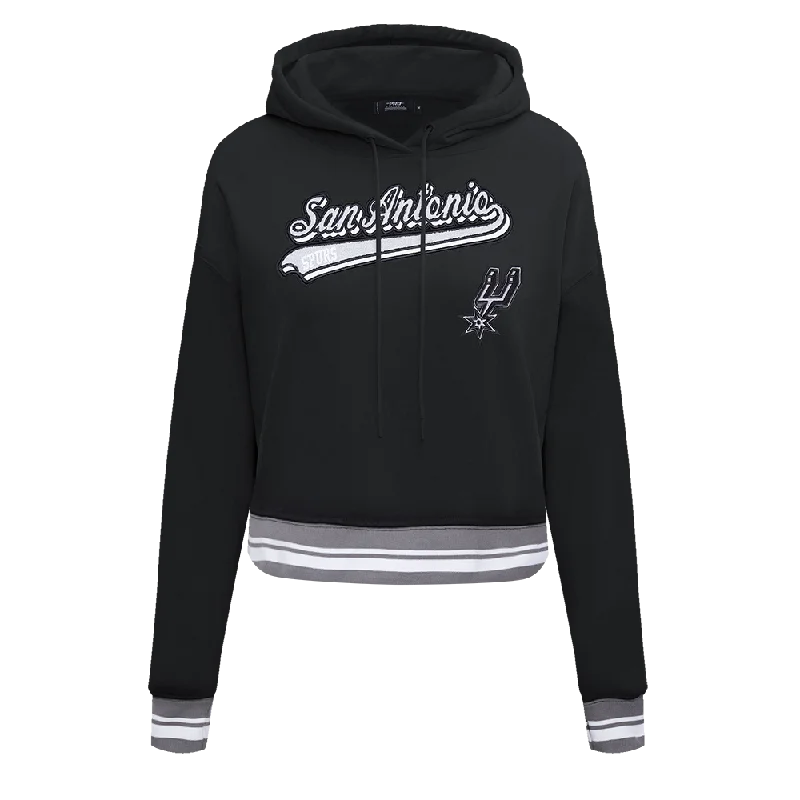 NBA SAN ANTONIO SPURS SCRIPT TAIL WOMEN'S RIB FLC CROPPED PO HOODIE (BLACK/GRAY)