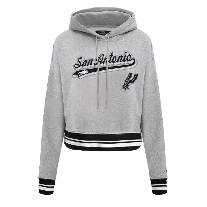 NBA SAN ANTONIO SPURS SCRIPT TAIL WOMEN'S RIB FLC CROPPED PO HOODIE (HEATHER GRAY/BLACK)