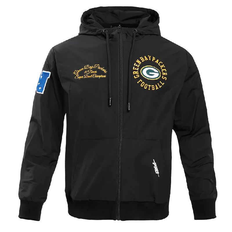 NFL GREEN BAY PACKERS HYBRID MEN'S WOVEN FZ PO HOODIE (BLACK)