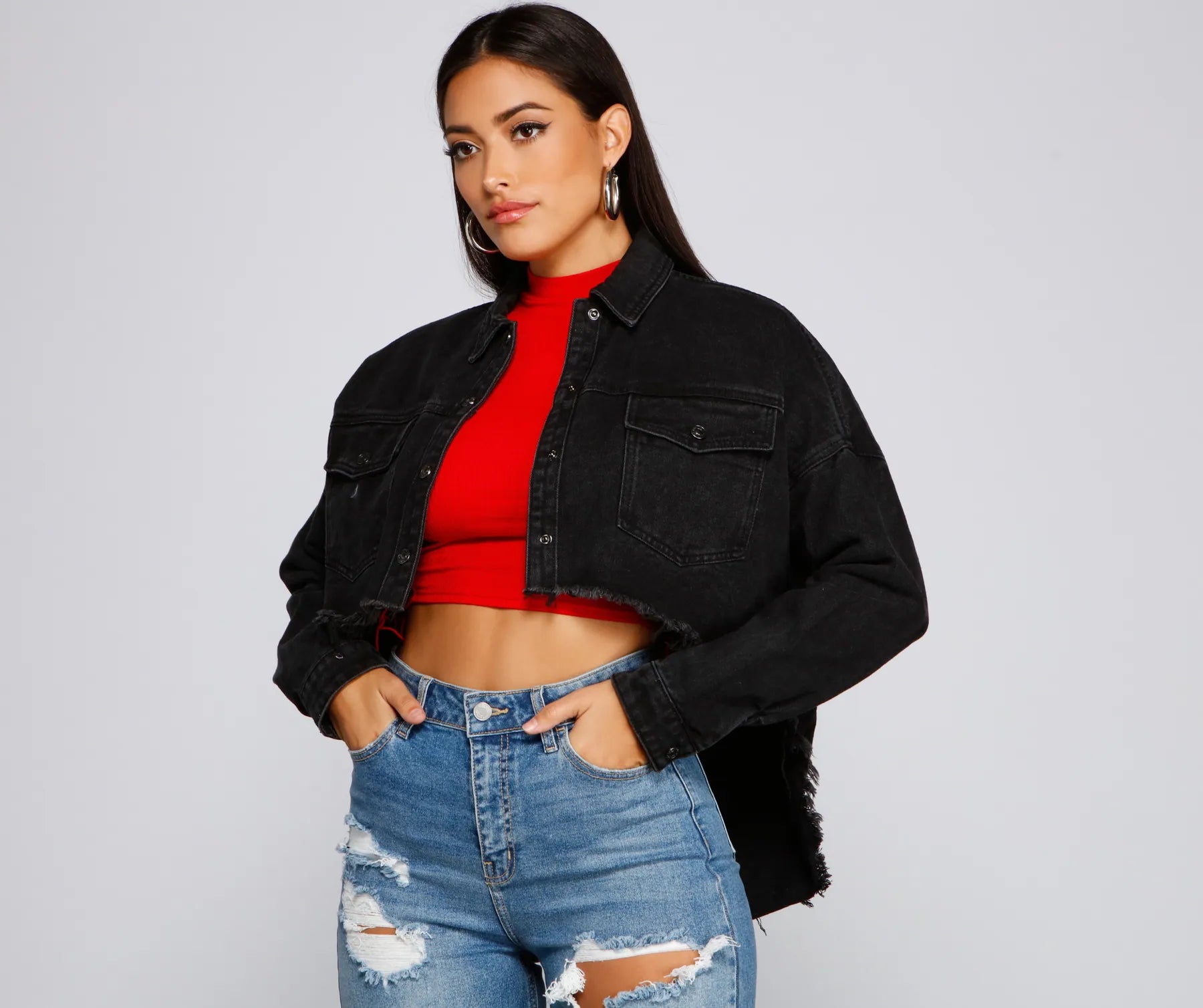 Casually Edgy High Low Cropped Denim Jacket