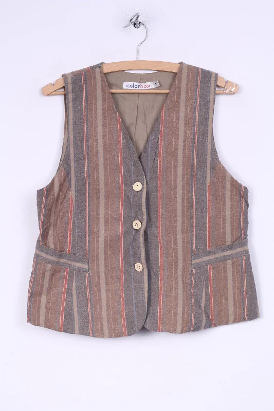 Color Box Womens M Waistcoat Striped Multicolor Cotton Button Front V Neck Two Pockets