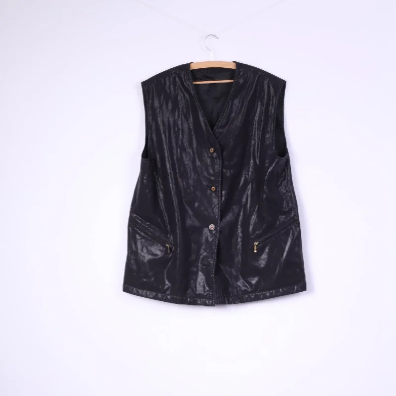 Vintage Women 18 50 XL Vest Black Shiny Buttoned Waistcoat Disco Top