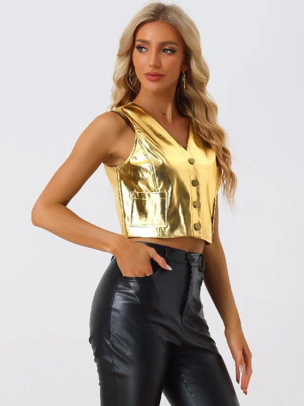 V Neck Holographic Sleeveless Metallic Crop Jacket Vest