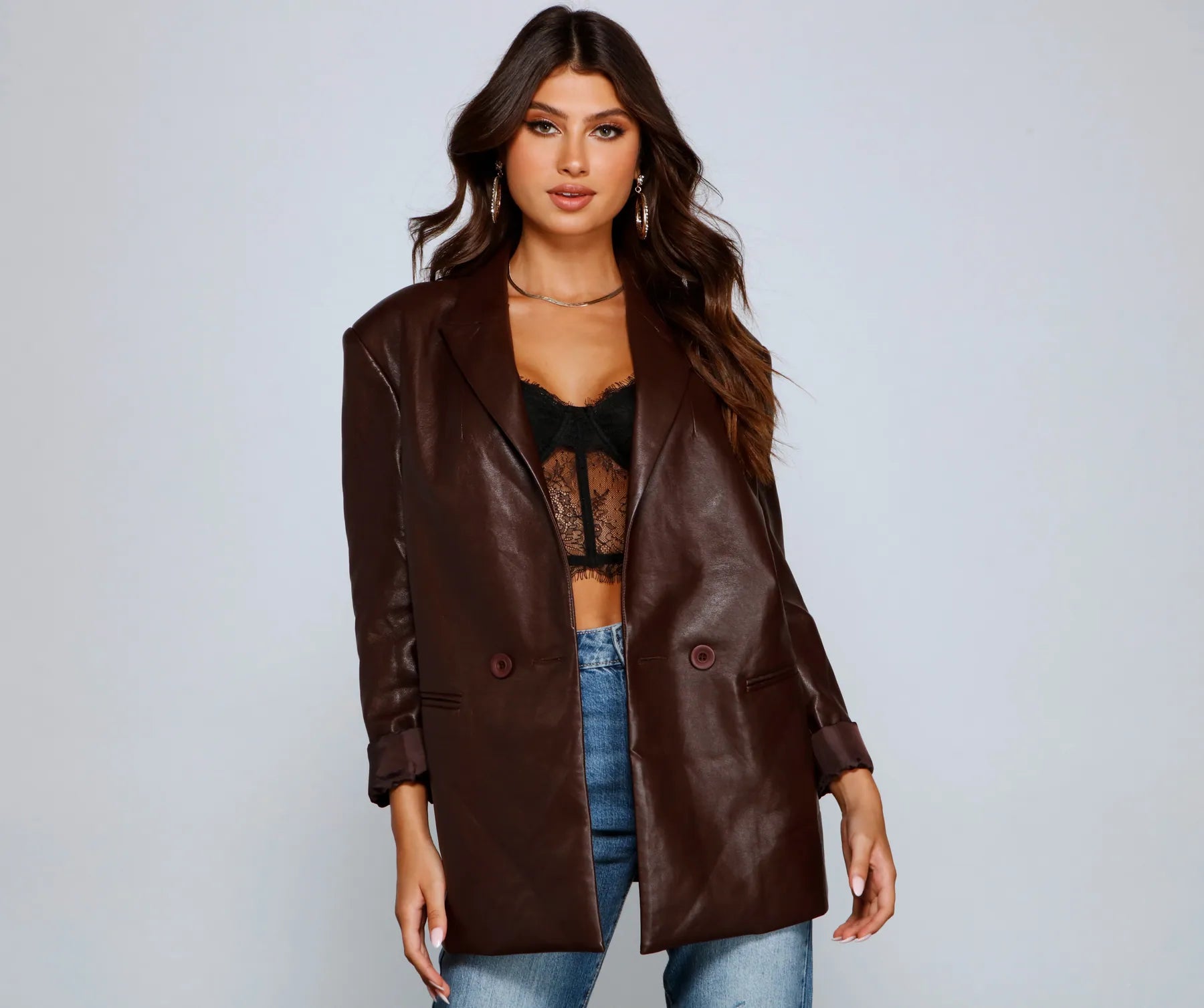 Trendy Oversized Faux Leather Blazer