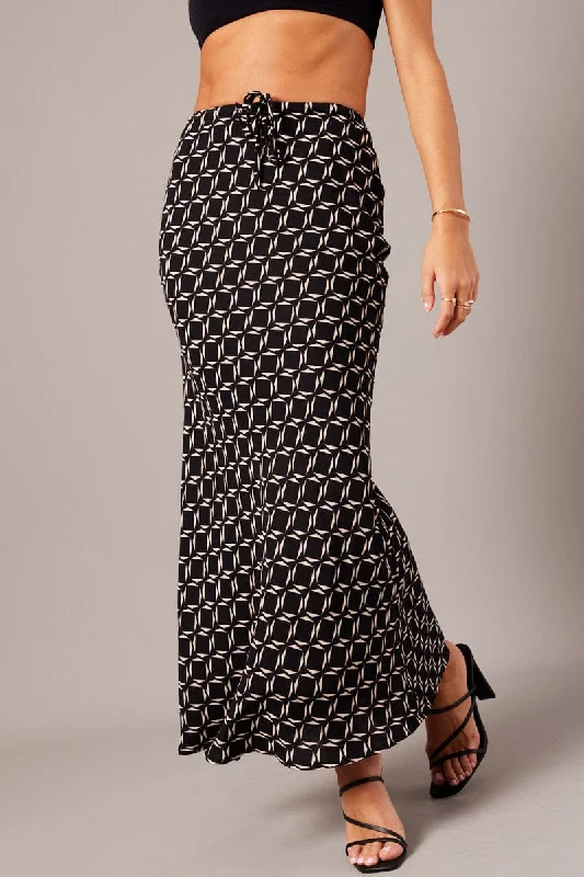 Black Geo Slip Skirt Maxi Drawstring Waist