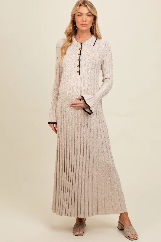 Beige Ribbed Knit Collared Button Up Maternity Maxi Dress