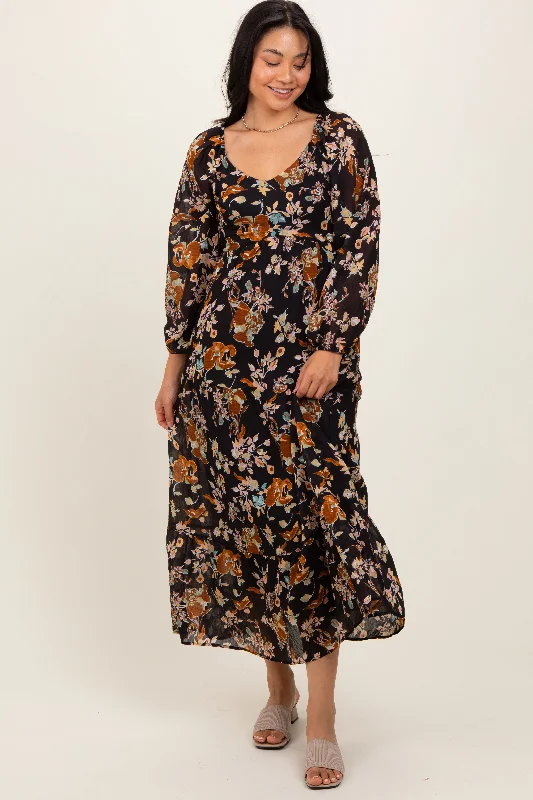 Black Floral V-Neck Long Sleeve Midi Dress