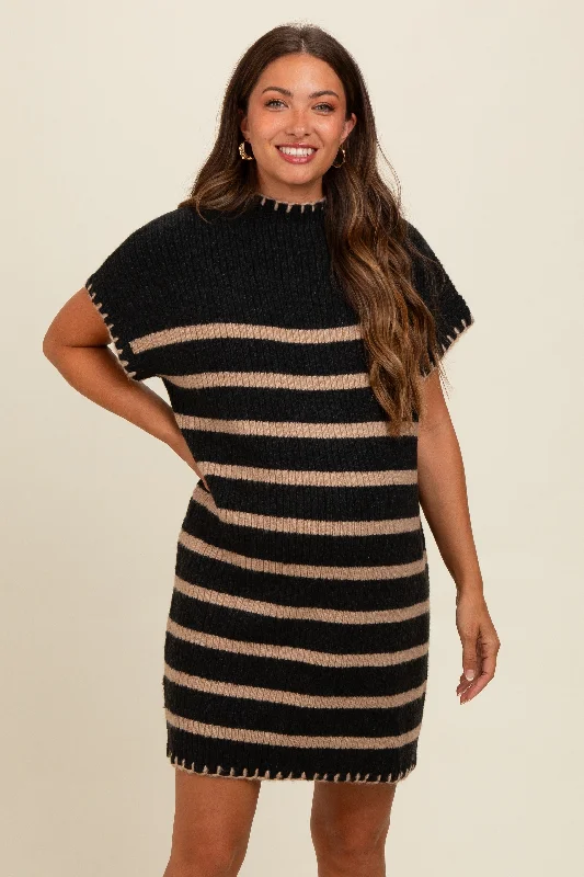 Black Striped Knit Contrast Stitch Maternity Mini Dress