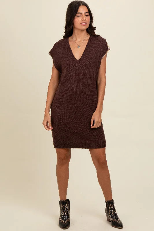 Brown Contrast Stitch V-Neck Mini Sweater Dress