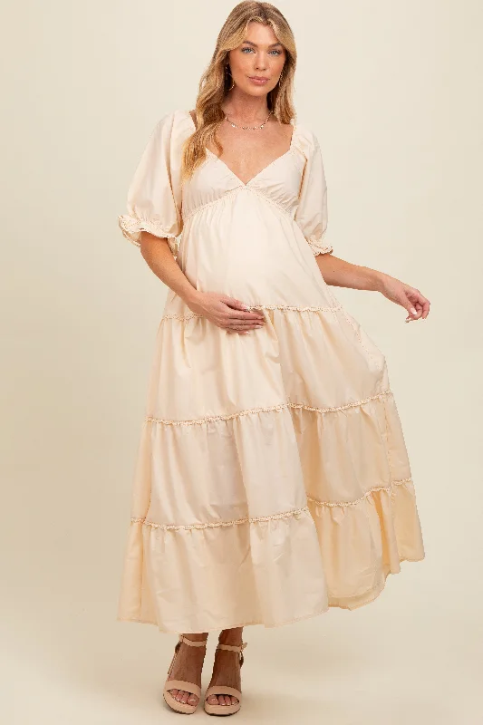 Cream Deep V-Neck Tiered Maternity Maxi Dress