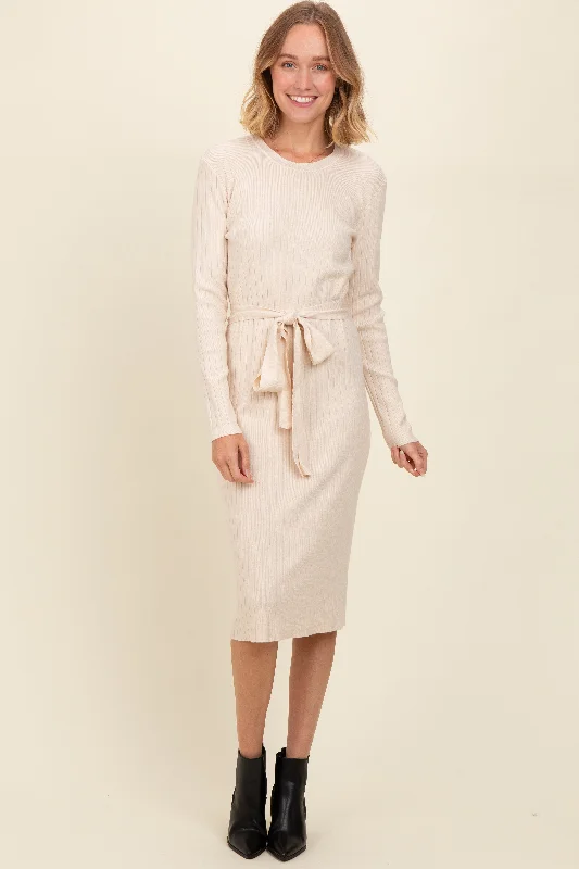 Cream Ribbed Sash Tie Midi Sweater Dress