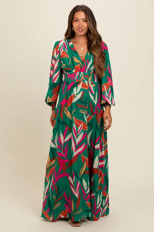 Forest Green Leaf Print Deep V-Neck Maternity Maxi Dress