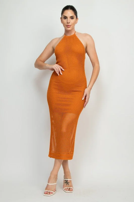 Halter Style Glam Midi Dress in Rusty Gold