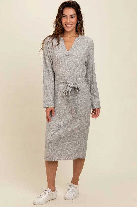 Heather Grey Ribbed Sweater Collared Midi Dress