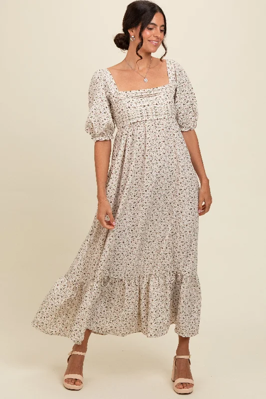 Ivory Floral Pleated Bodice Maxi Dress