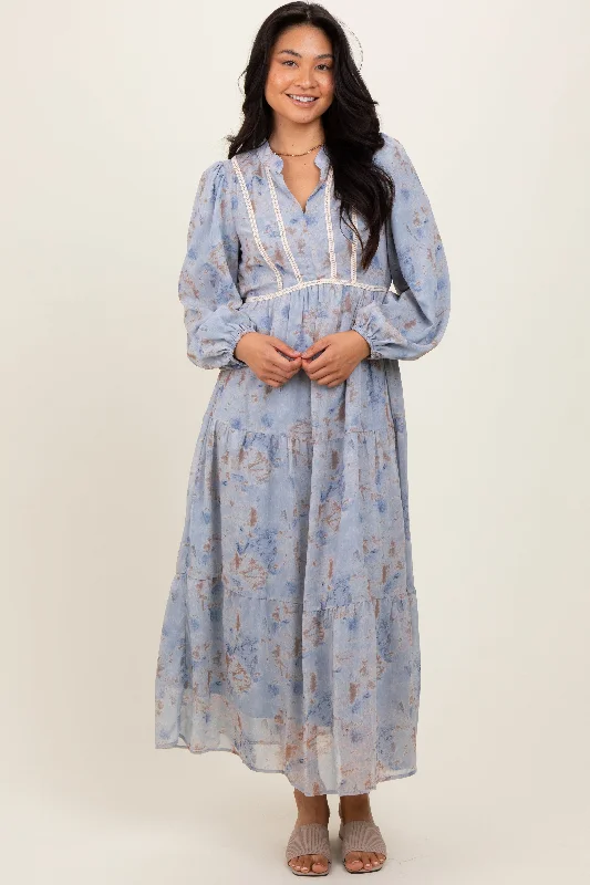 Light Blue Floral Lace Trim Maxi Dress