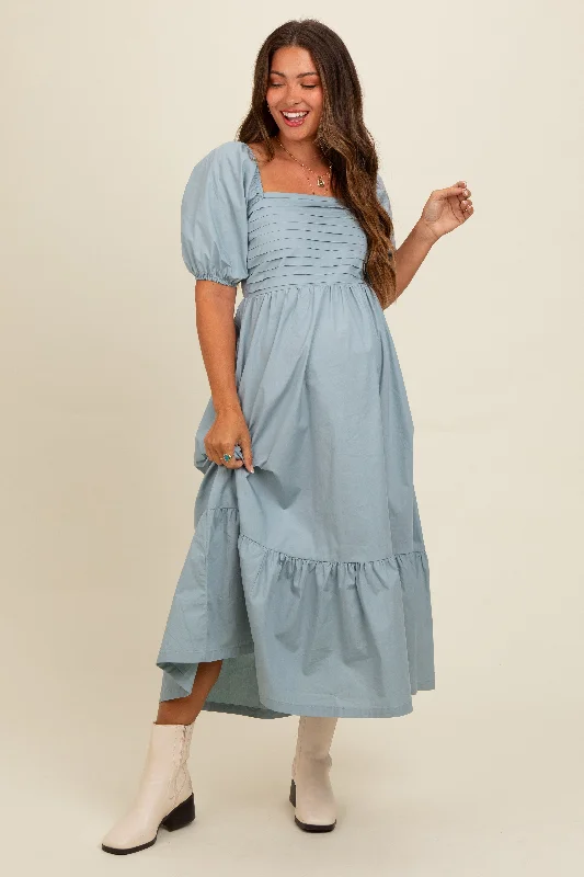 Light Blue Pleated Bodice Puff Sleeve Maternity Midi Dress