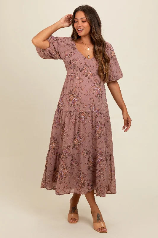 Mauve Floral Tiered Puff Sleeve Maternity Maxi Dress