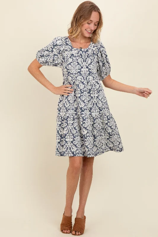 Navy Jacquard Damask Print Dress