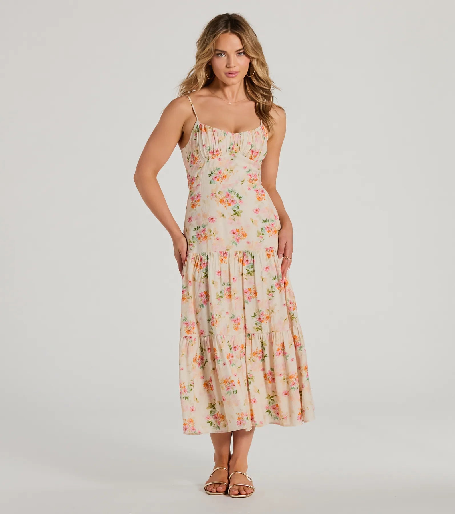 Soiree Hour Lace-Up Ruffled Floral Midi Dress