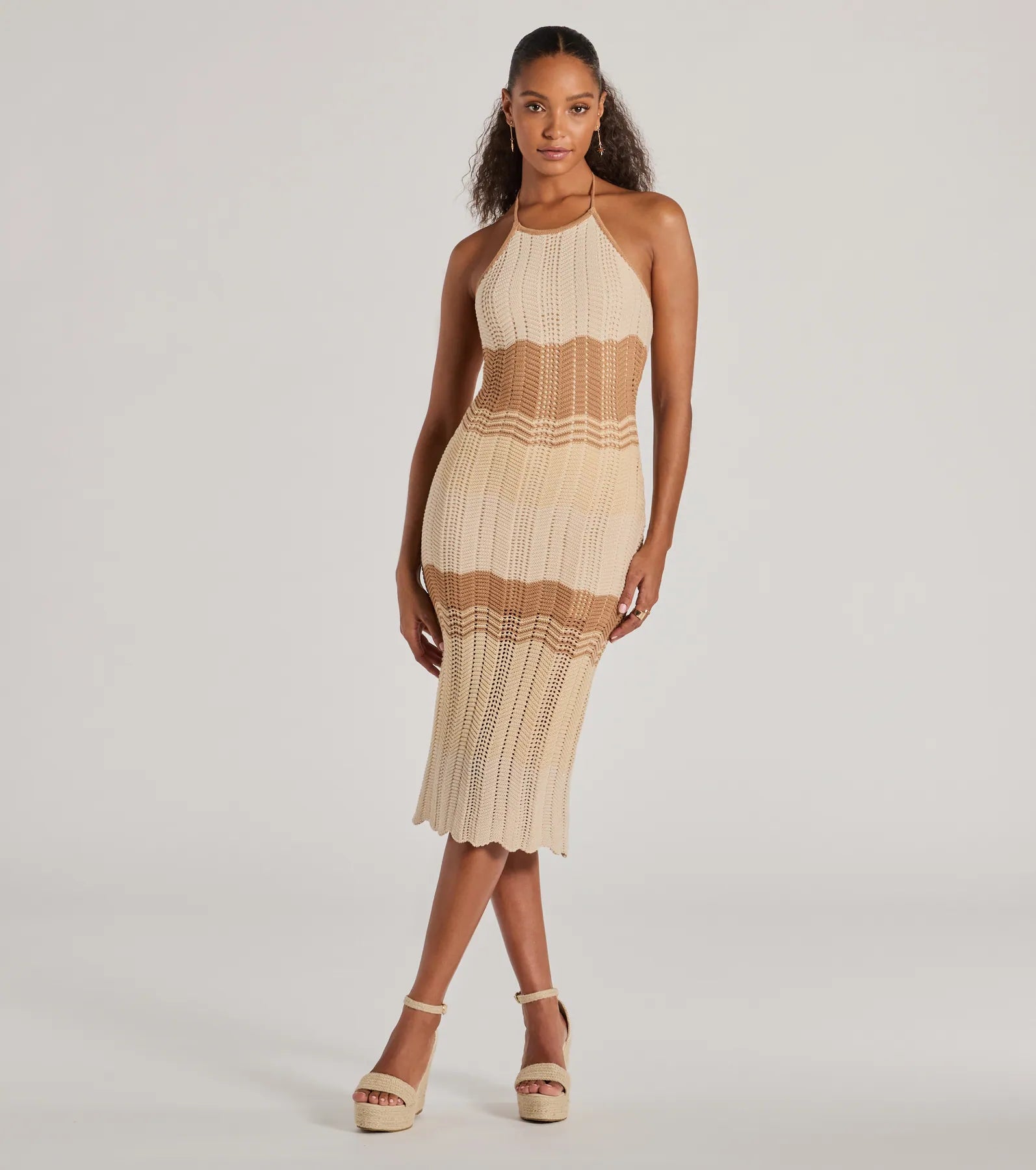 Stylish Striped Halter Crochet Midi Dress