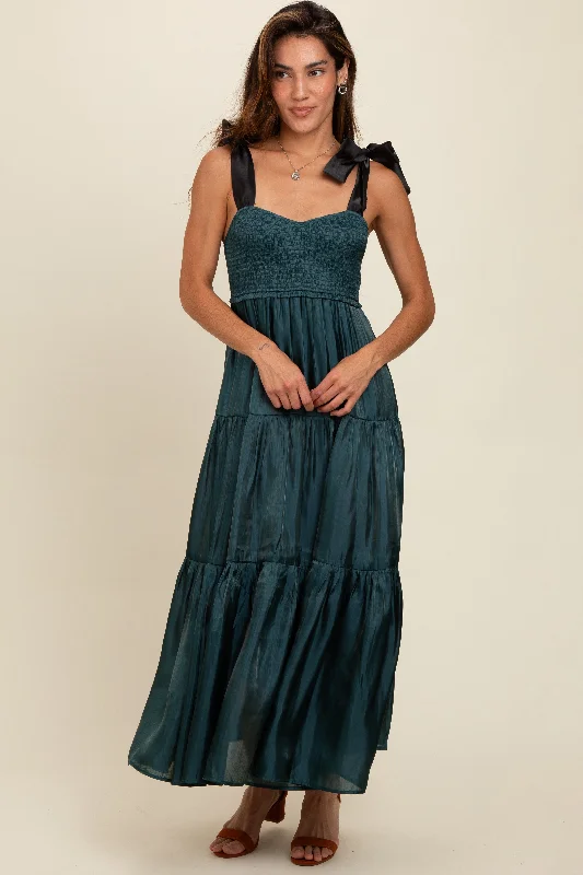 Teal Tiered Satin Tie-Strap Maxi Dress