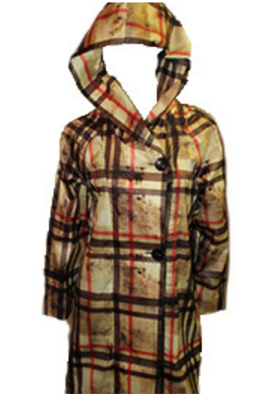 Plaid Side Button Long Hooded Rain Jacket In Gold Multi