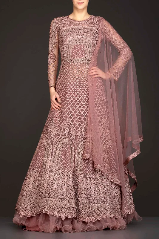 Dusty Pink Net Anarkali/Gown With Net Skirt And Net Dupatta With Thread Work